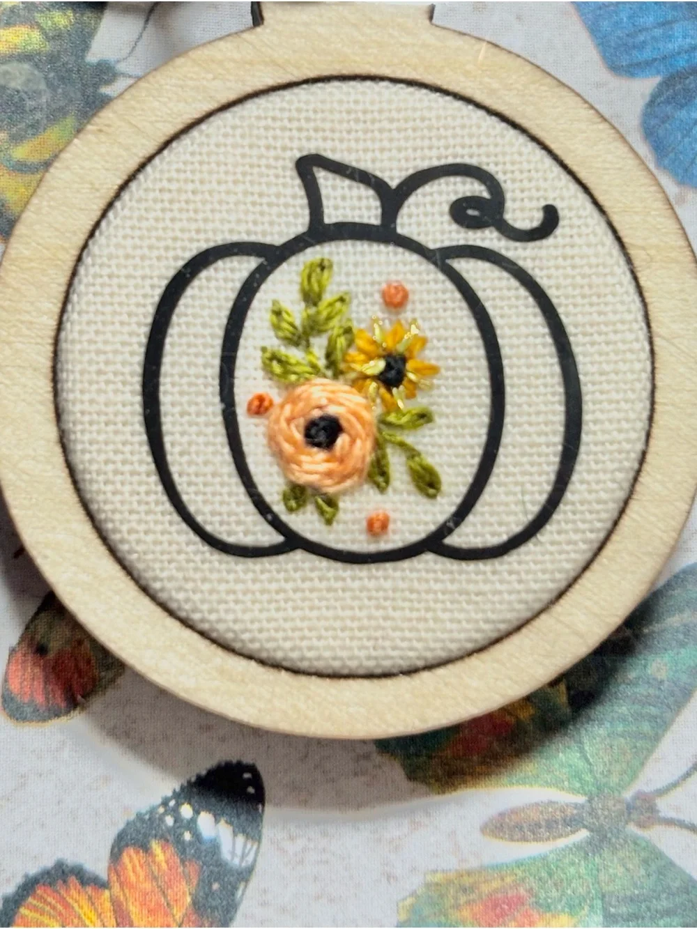 Handmade Floral Pumpkin Embroidered Wood Keychain Purse Charm NWOT